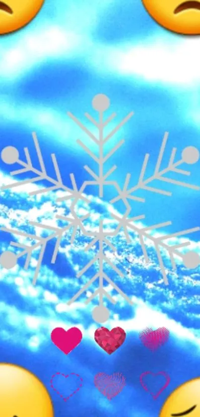 Snowflake and emojis on a vivid blue background with hearts.