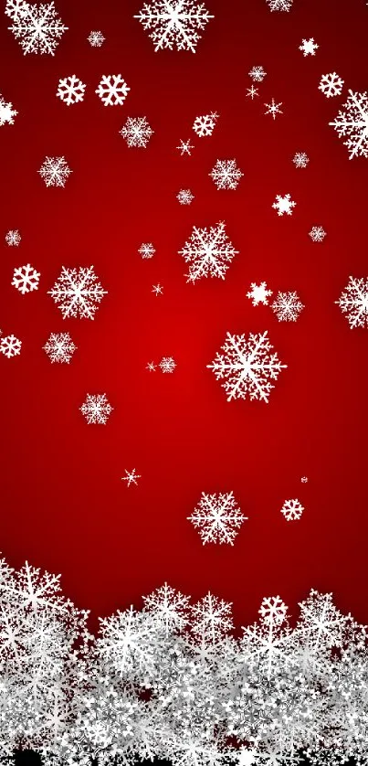 Red wallpaper with white snowflakes falling gracefully.