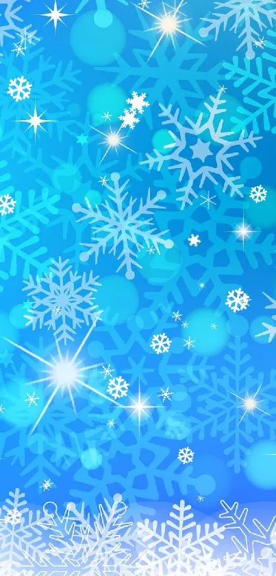 Blue winter wallpaper with white snowflakes.