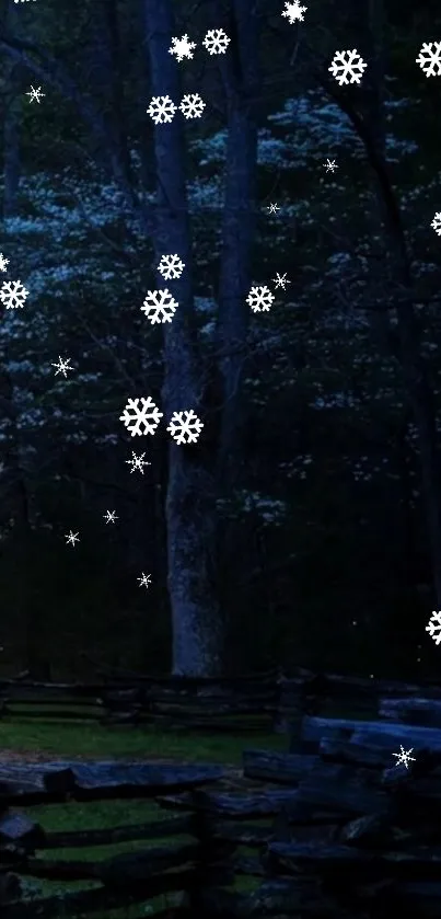 Snowflakes gently falling in a dark forest under a serene night sky.