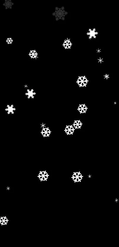 Minimalist mobile wallpaper with white snowflakes on a black background.