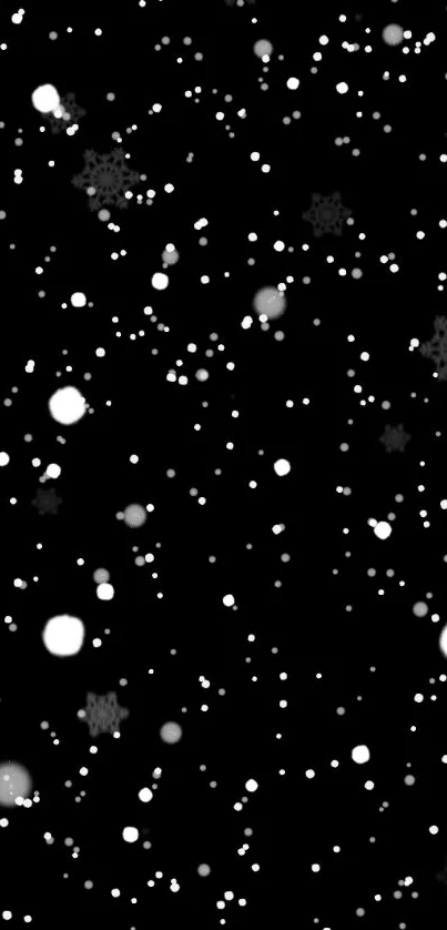 Minimalist black wallpaper with scattered white snowflakes.