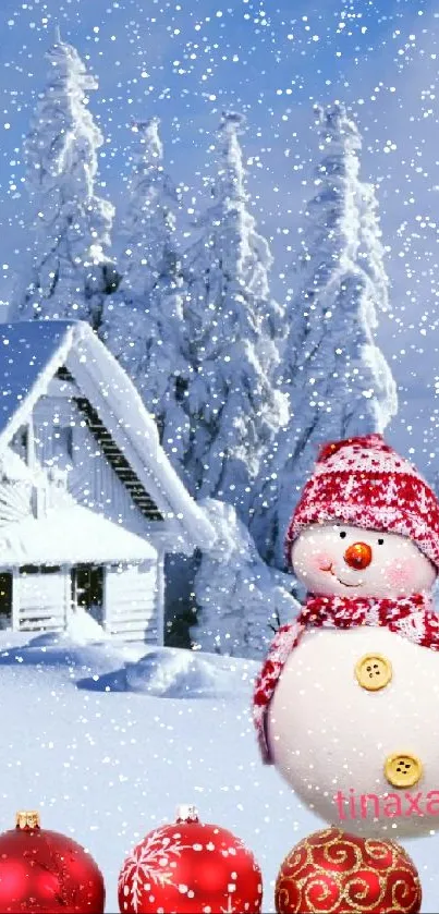 Festive snowman and cabin with red baubles in snowy landscape.