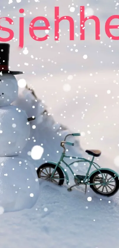 Snowman with a bicycle in snow, festive mobile wallpaper.