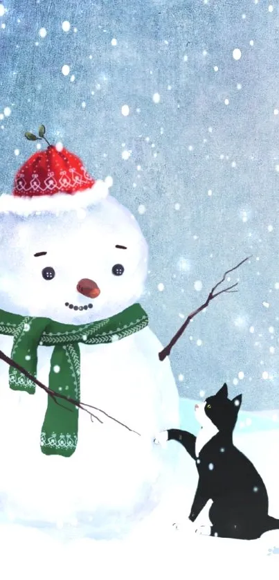 Snowman with cat in winter scene, snowy day.