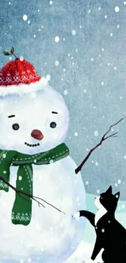 Snowman with a green scarf and a black cat in a snowy winter scene.