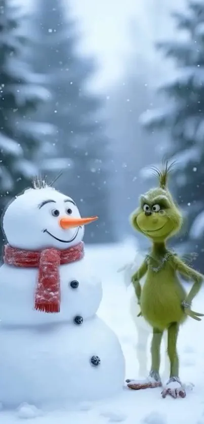 Snowman and green creature in snowy forest