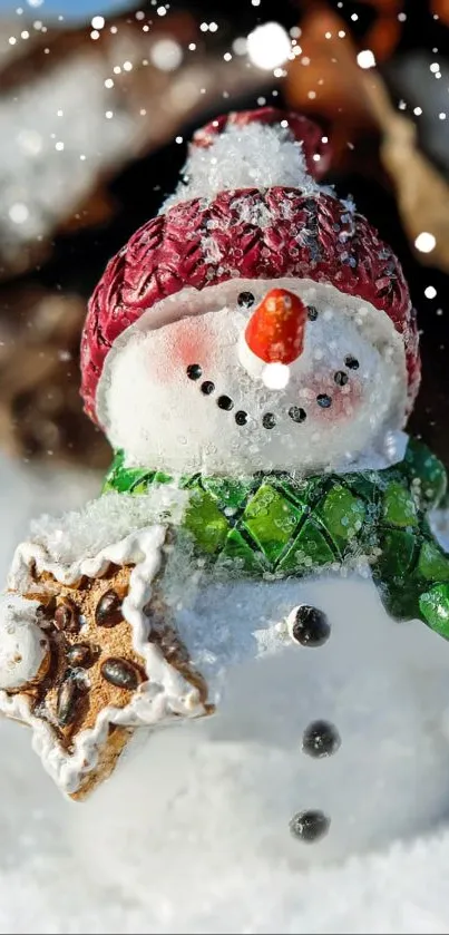 Snowman with pine cone on snowy background.