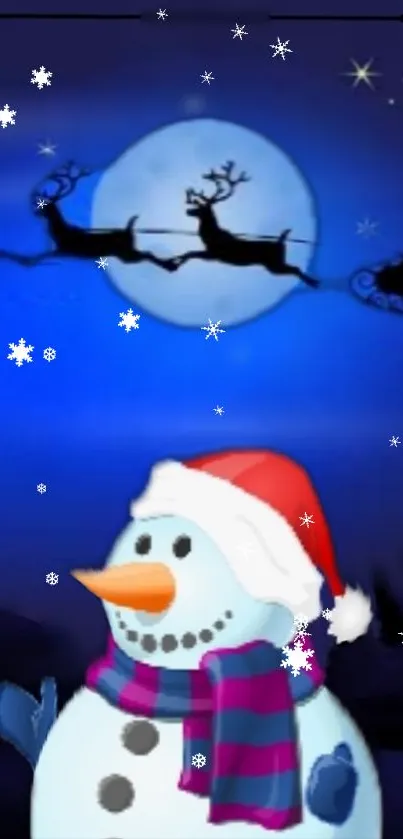 Festive snowman with Santa silhouette in the moonlit sky mobile wallpaper.