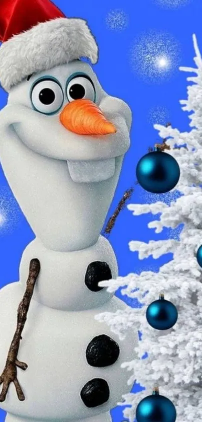 Festive snowman with Christmas tree and blue accessories.