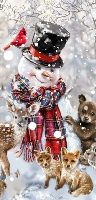 Snowman with deer, fox and bear in winter snow scene.