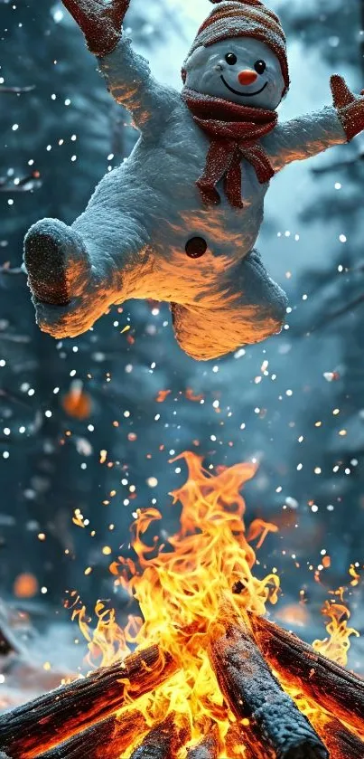 Snowman jumping over a campfire with snowy forest in the background.