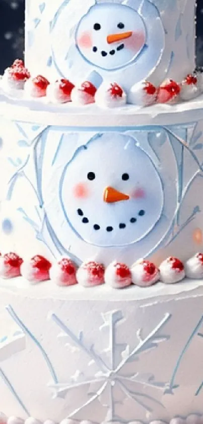 Festive cake with snowman and snowflakes on a dark background.