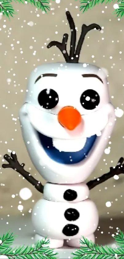 Festive snowman cartoon with snowflakes and green fir border.