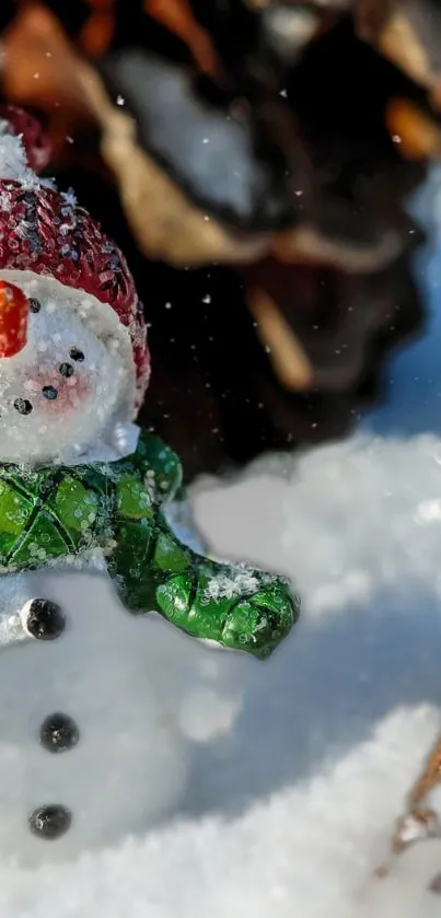 A playful snowman with a green scarf amidst snowy scenery.