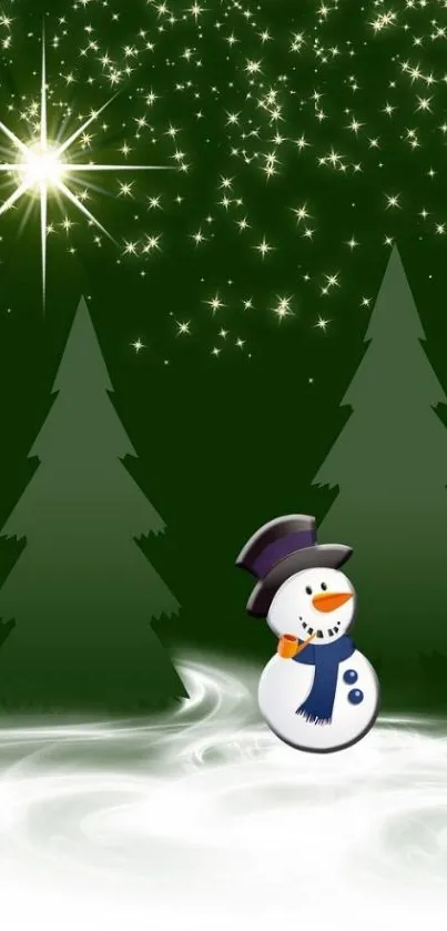 Snowman with Christmas trees and stars on a dark green night sky.