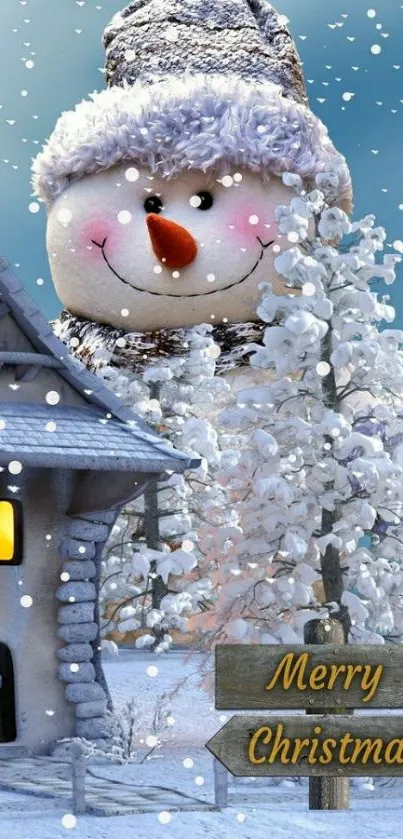 Festive snowman and cabin in winter scene.