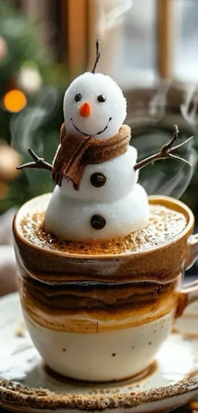 A charming snowman sits atop a steaming cup of coffee.