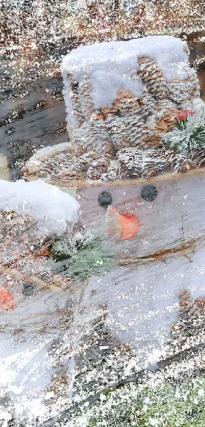 Festive snowman and holiday decor in a winter scene.