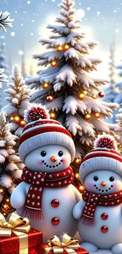Festive snowman and Christmas tree wallpaper with gifts.
