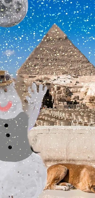 Cheerful snowman with pyramids and snowflakes in vibrant mobile wallpaper.