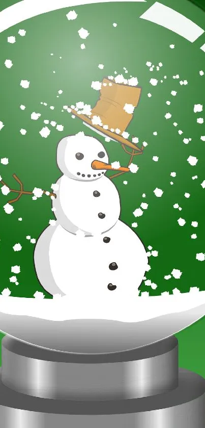 Snowman inside a green snow globe with falling snowflakes.