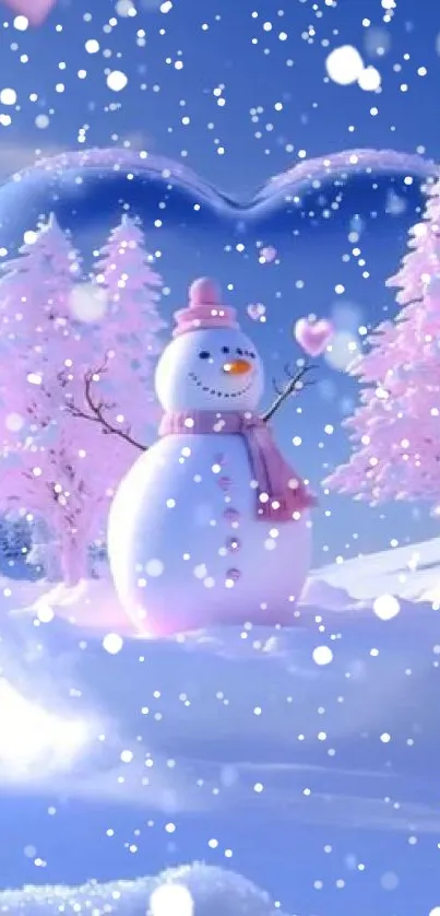 Pink snowman in glass heart with snowy trees on mobile wallpaper.