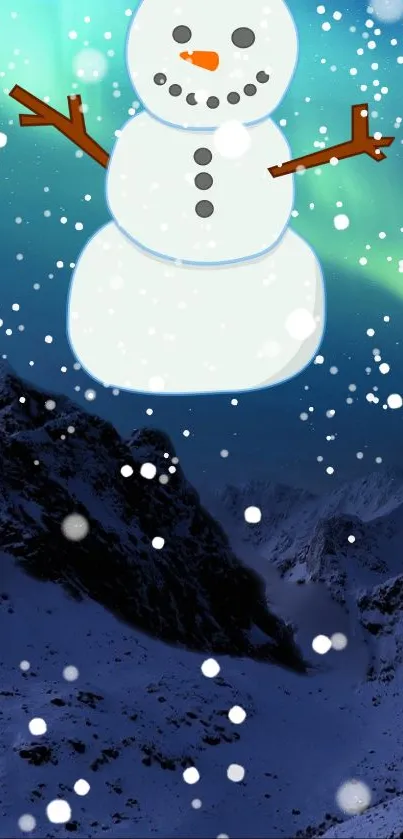 Snowman with Northern Lights and snowy mountains wallpaper.