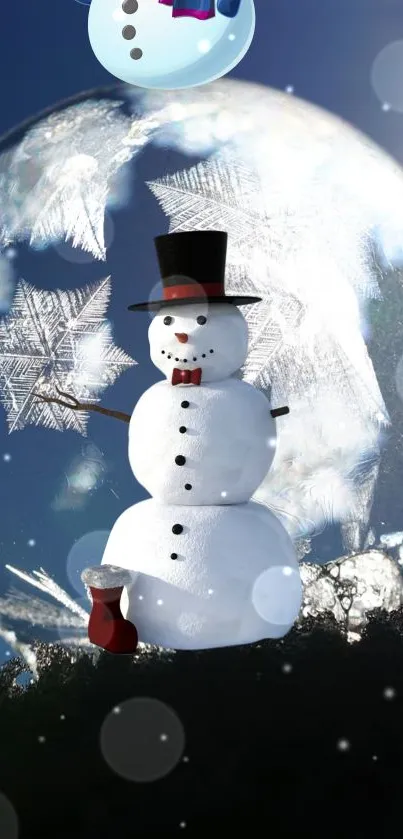 Snowman in globe with snowflakes and blue sky background.