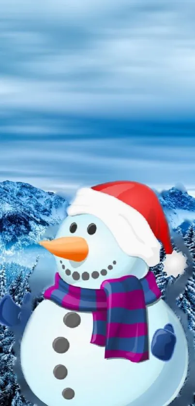 Snowman with a colorful scarf in a snowy mountain landscape wallpaper.