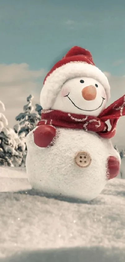 Snowman in snowy landscape with frosted trees and blue sky.