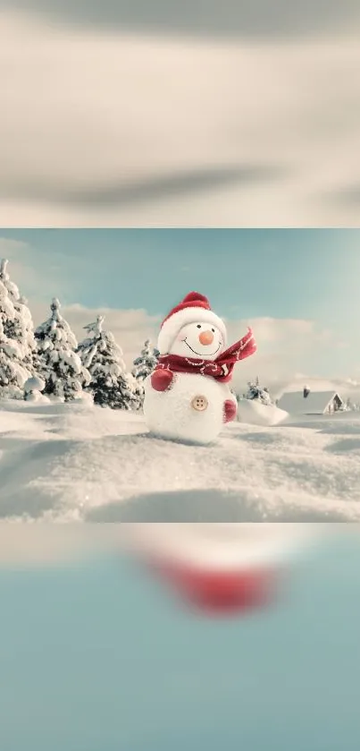 Cheerful snowman in a snowy winter landscape with trees.