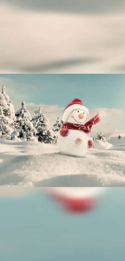 Cheerful snowman in a snowy winter landscape with trees.