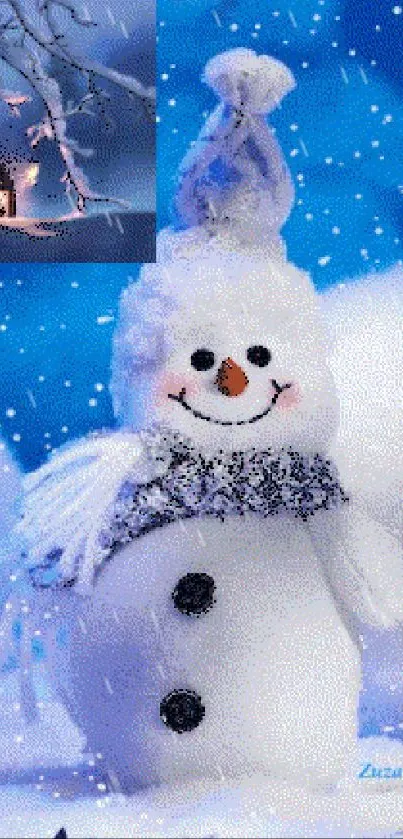 Cute snowman in winter wonderland with blue snowy background.