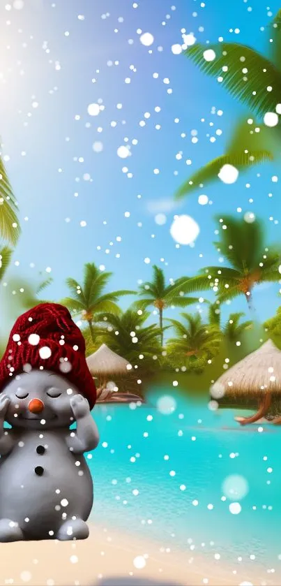 Snowman on a tropical beach with palm trees and snowflakes.