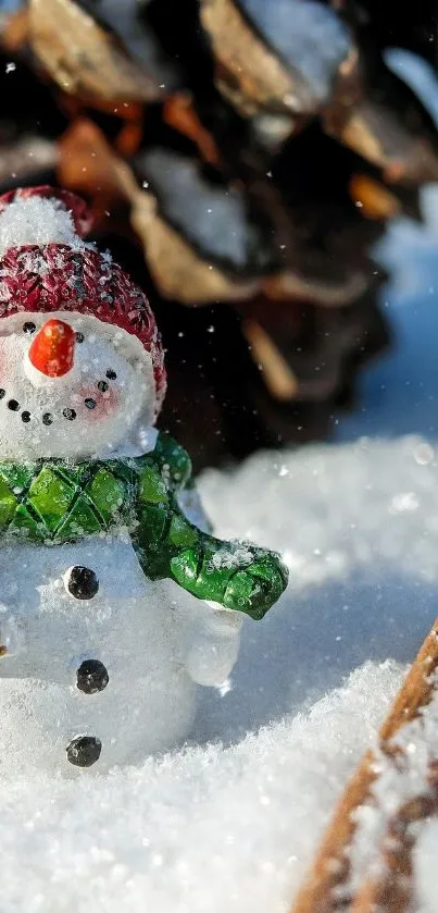 Cute snowman in festive winter attire with snowy background.