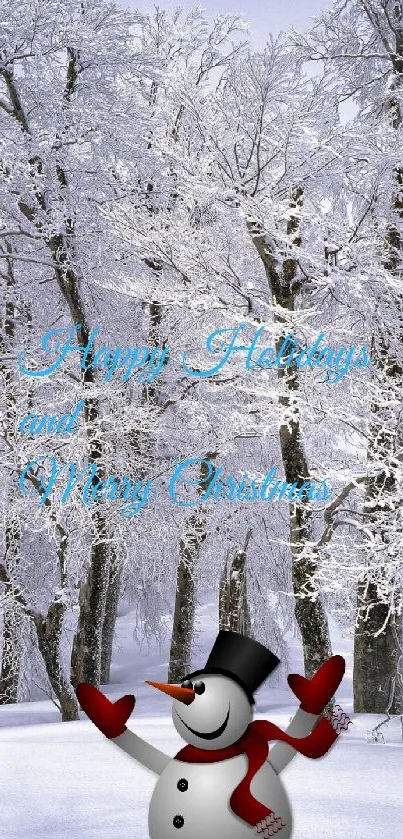 Snowman with festive text in a snowy forest background.