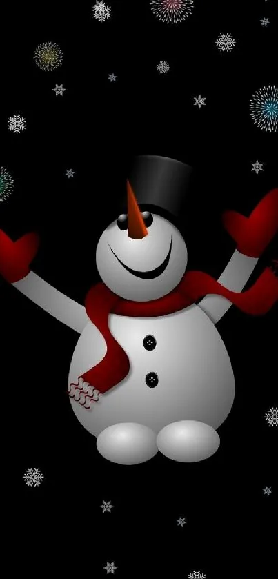 Cheerful snowman with red scarf on black background.