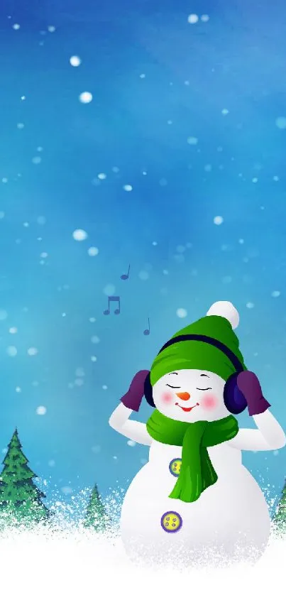 Cheerful snowman with earmuffs in a snowy winter landscape.