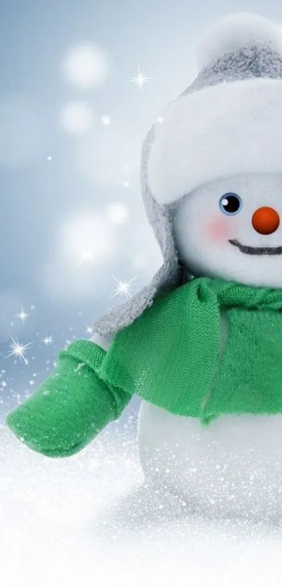 Cheerful snowman in green scarf with frosty winter background.