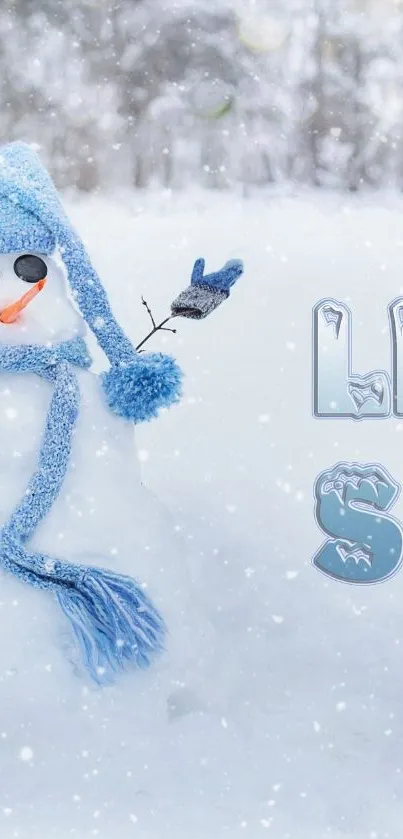 Cute snowman with blue scarf in snowfall.