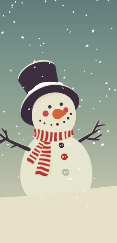 Illustrated snowman with top hat and scarf in a snowy scene.