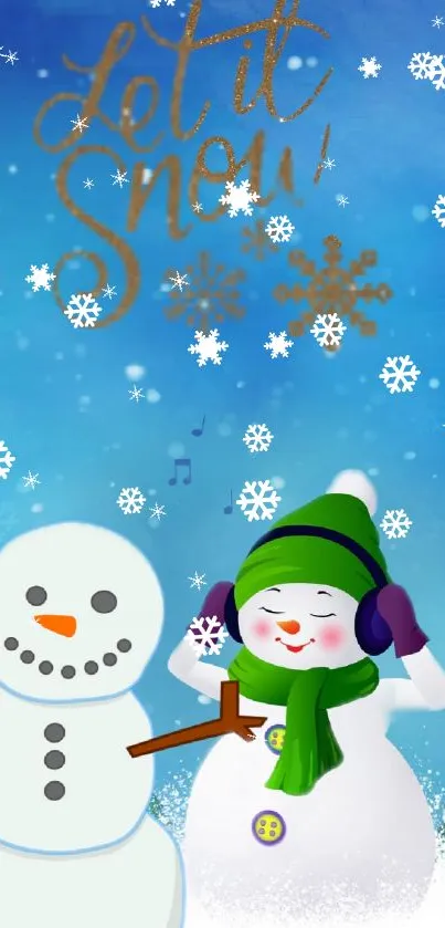 Cheerful snowman art in winter scene with a sky blue background and snowflakes.