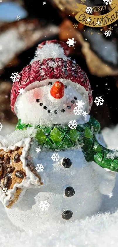 Cute snowman with pine cones in winter snow.
