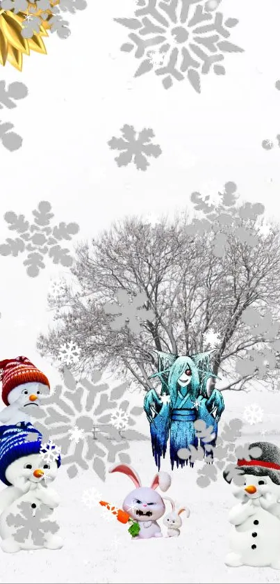 Snowman winter scene with festive hats.