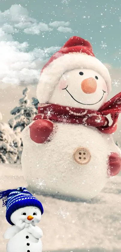 Cute snowman in a snowy winter landscape, wearing a red scarf.