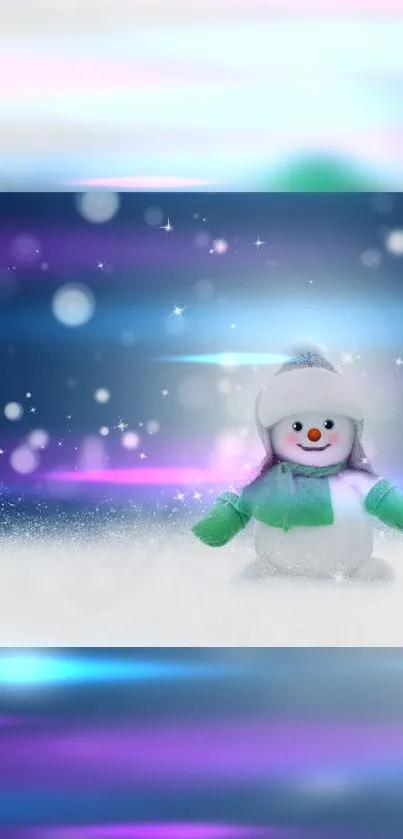 A charming snowman in a snowy winter wonderland with vibrant blue and pink hues.