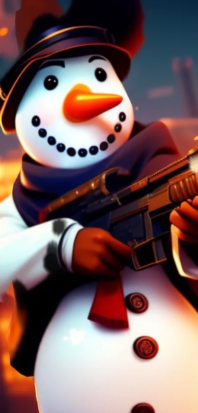 Snowman holding a gun in winter cityscape wallpaper.