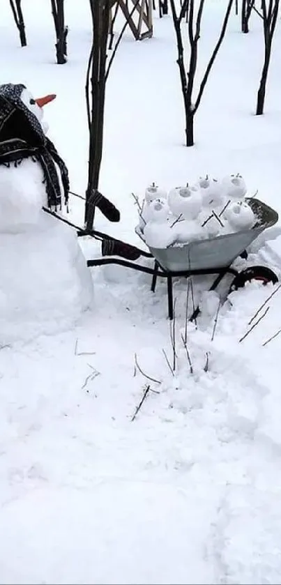 Snowman beside a wheelbarrow in a snowy landscape scene.