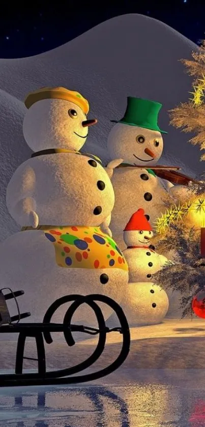 Festive snowmen and sled in a winter wonderland scene.